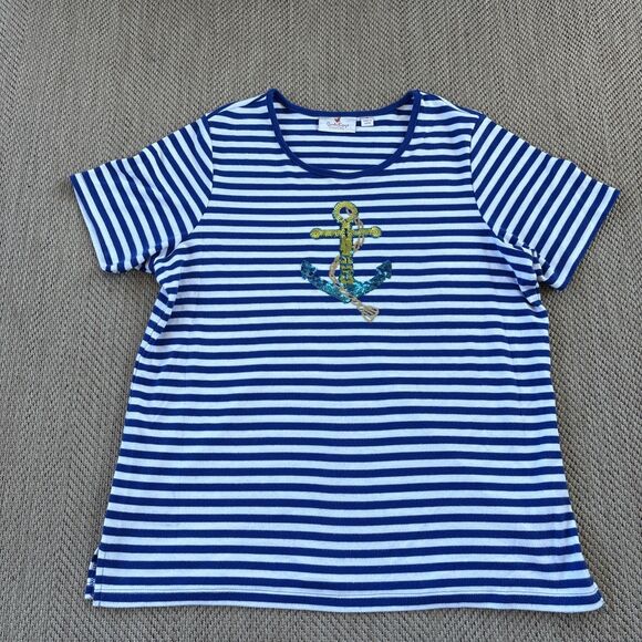QUACKER FACTORY Women’s Medium Med Blue Gold Anchor Sweater Top - Picture 1 of 5